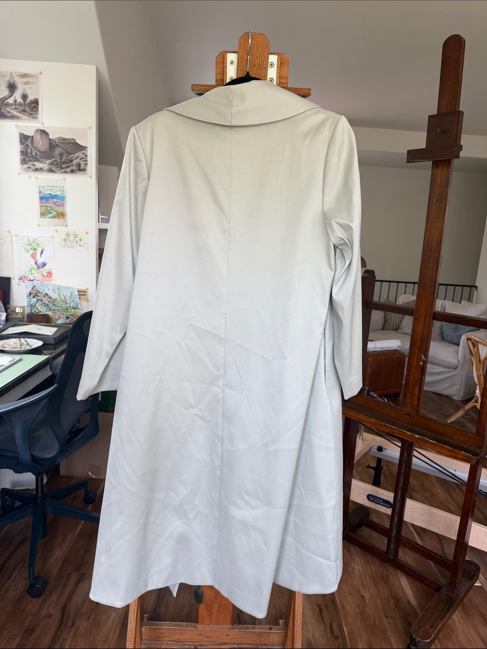 ANTONIO MELANI Light green/cream Long Open Front Trench Coat - Picture 3 of 3